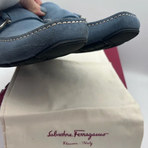 Salvatore Ferragamo Men Driving Suede Blue Moccasin Loafers Logo Sz 9 D - Picture 11 of 16